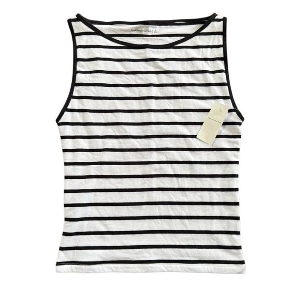 Abercrombie & Fitch Boatneck Tank Top Cotton-Blend Black White Stripe NWT - Picture 2 of 4
